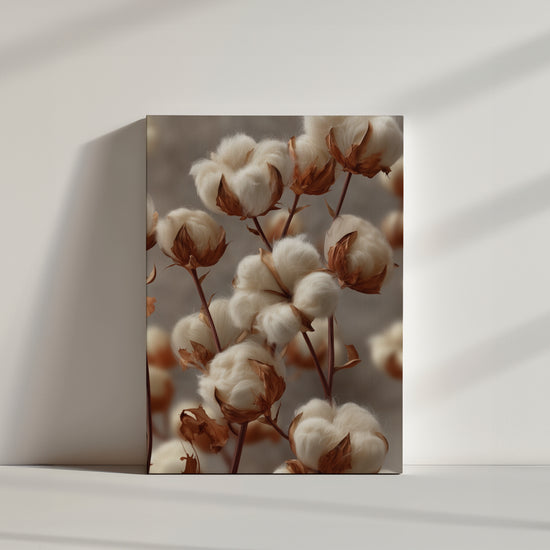 Tableau mural de bouquets de coton beige et marron, ambiance naturelle pour salon serein