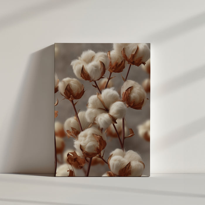 Tableau mural de bouquets de coton beige et marron, ambiance naturelle pour salon serein