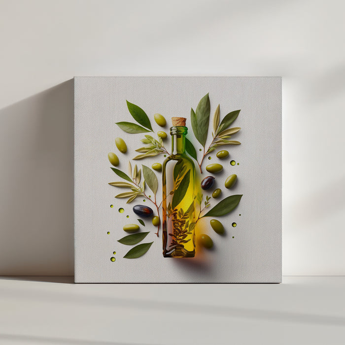 Magnifique photo d'une bouteille en verre d'huile d'olive contenant un liquide doré. Entourée d'olive vert et noir, de feuille et de goutte parsème en haut et en bas d'huile