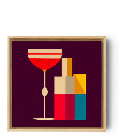 Un tableau pour la cuisine avec une illustration géométrique coloré d'une bouteille et d'un verre de cocktail.