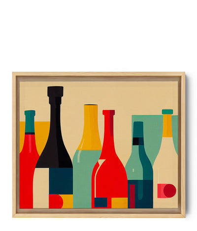Cuadro abstracto con formas geométricas de botellas sobre fondo beige