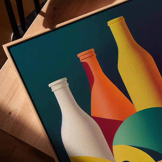 Bunte Vintage-Flaschen Wandbild für minimalistische Küche