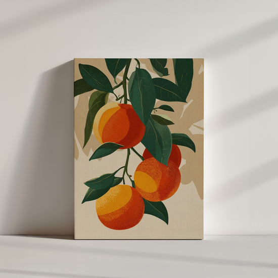 Illustration de branches d'agrumes avec oranges et feuilles vertes, style vintage pour déco cuisine