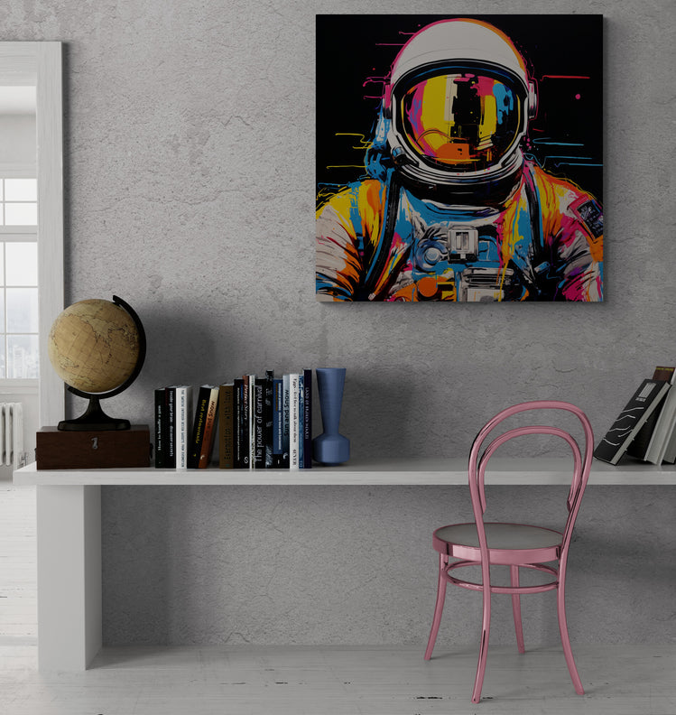 Dans une pièce avec des murs texturés en blanc, le tableau est à côté d'une étagère avec des livres, un globe terrestre, et une chaise rose. L'effet est à la fois minimaliste et vibrant.
