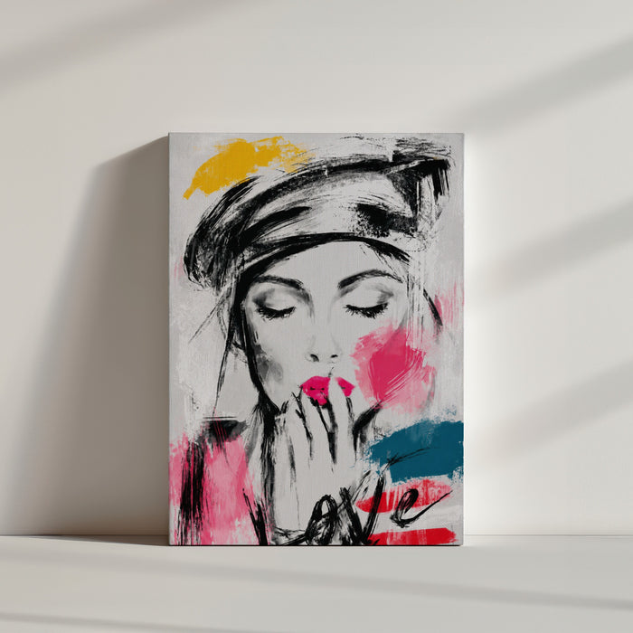 Leinwandbild mit weiblicher Silhouette und Farbakzenten, am Boden angelehnt, minimalistische, reduzierte Raumästhetik