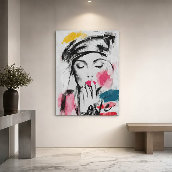 Büro-Deko Wandbild: elegante Frau in Schwarz-Weiß mit Rosa, Petrol, Senfgelb – moderner Arbeitsbereich