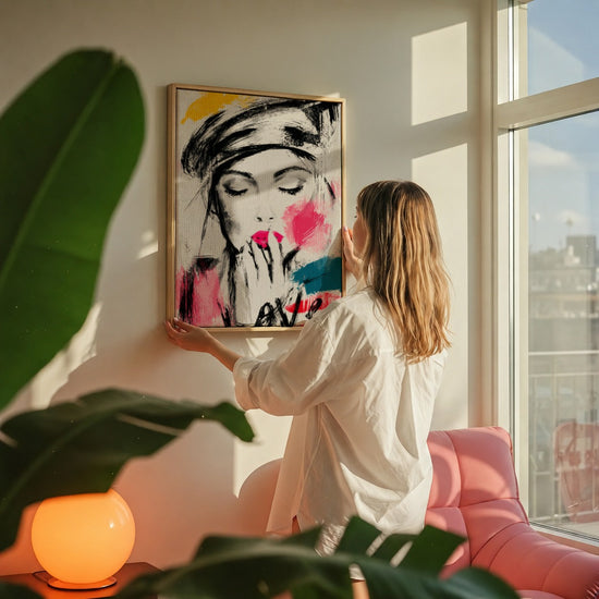 Schwarz-Weiß-Leinwandbild Frau mit Rosa, Petrol und Senfgelb, an moderner Wohnzimmerwand aufgehängt