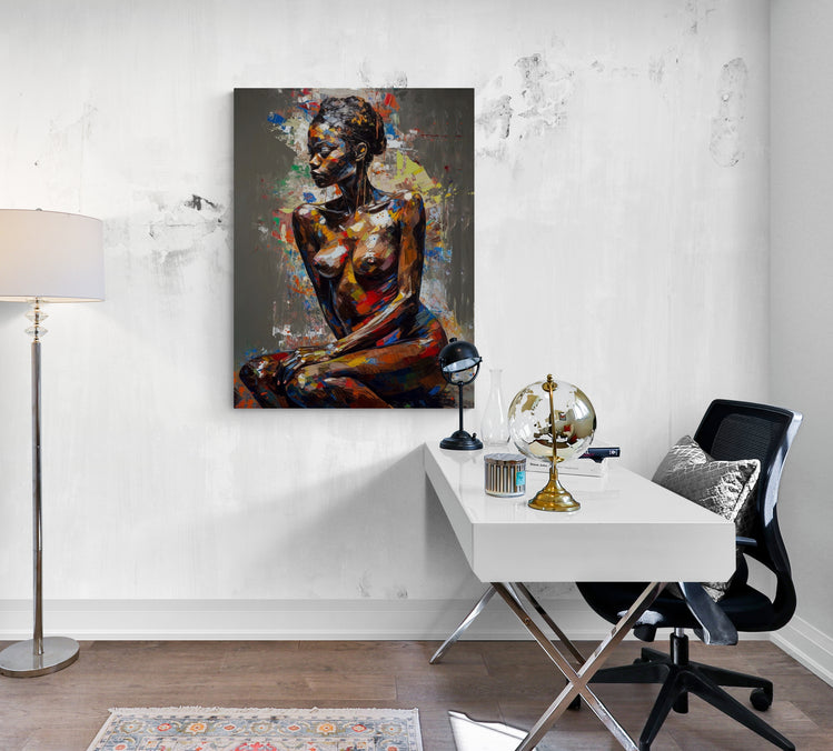Une œuvre d'art unique, le tableau d'une femme africaine nue, ajoutant du caractère à un espace de bureau moderne