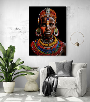 "Ethnic African Woman Canvas" in a minimalist living room with a reading nook and white armchair.