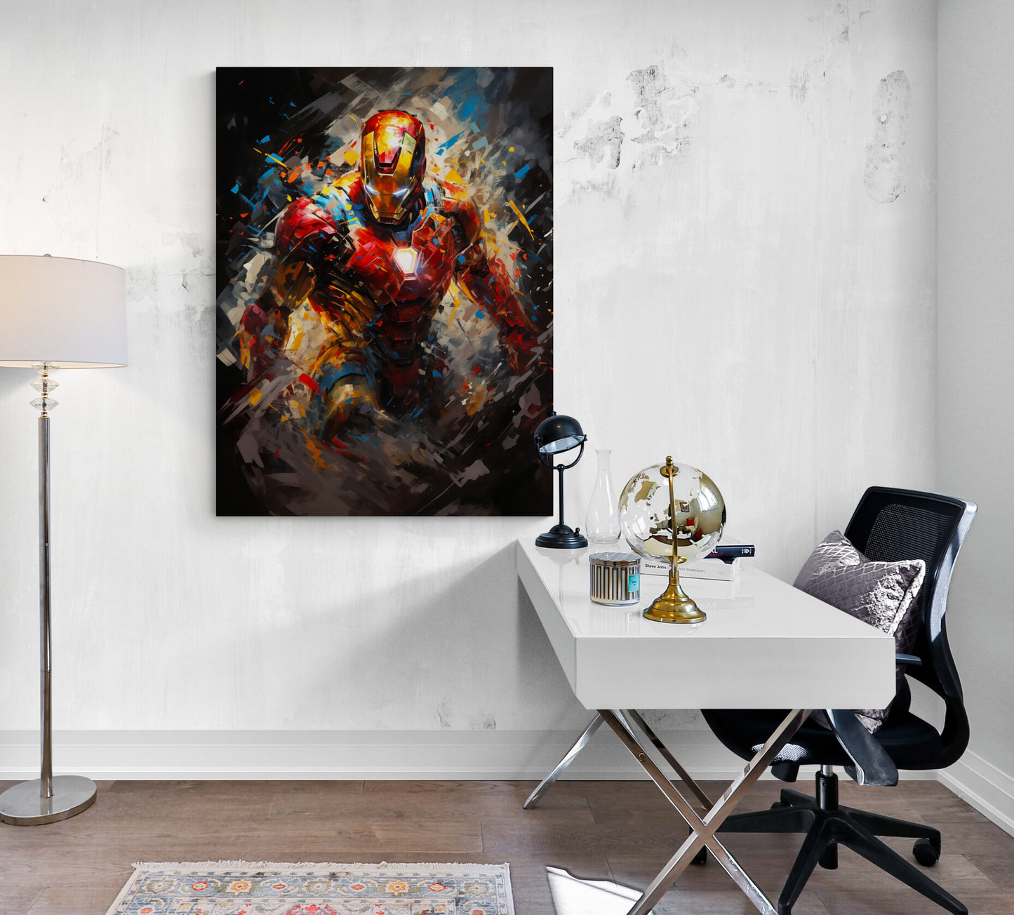 Tableau d'Iron Man dans un bureau moderne et épuré