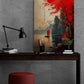 Bureau créatif, tableau paysage rouge, déco murale zen.