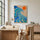 Matisse-geïnspireerd blauw abstract canvas met oranje zon, decor voor moderne werkplek