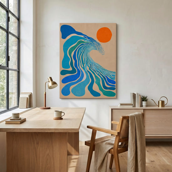 Matisse-geïnspireerd blauw abstract canvas met oranje zon, decor voor moderne werkplek