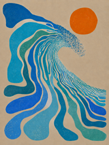 Tableau bureau vague bleue abstraite et soleil orange fond beige style moderne