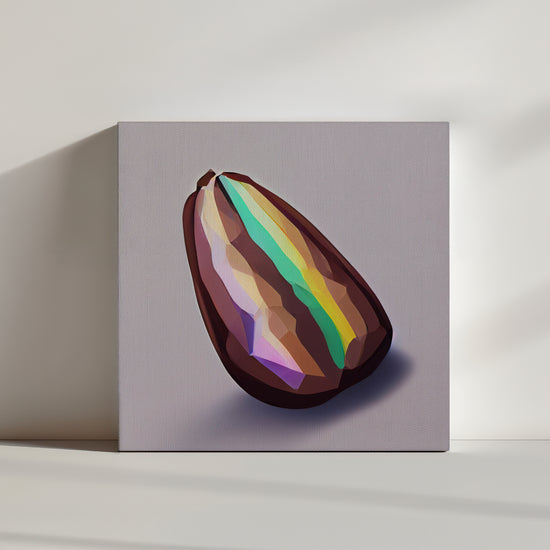 Low-poly minimalist art print of a cocoa bean merged with a diamond in vibrant rainbow colors for colorful modern decor
