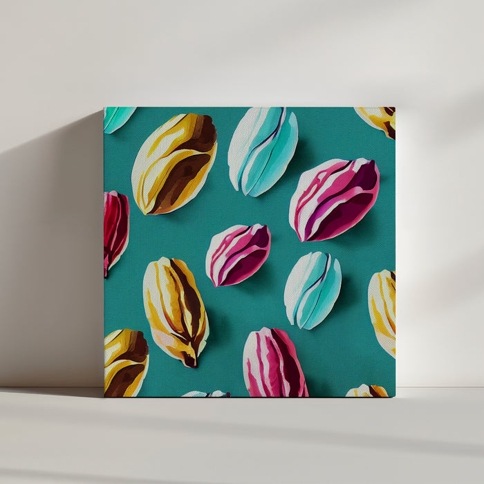 Tableau de plusieurs cacaos colorés peinte, dans les tons bleu ciel, rose et jaune. Style Nathalie Lété. Le fond est en papier conqueror ajoute une touche de sophistication à cette œuvre.
