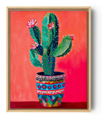toile cactus en pot Botanique, fond rouge, pot coloré à motifs, style peinture.