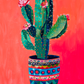 toile cactus en pot Botanique, fond rouge, pot coloré à motifs, style peinture.