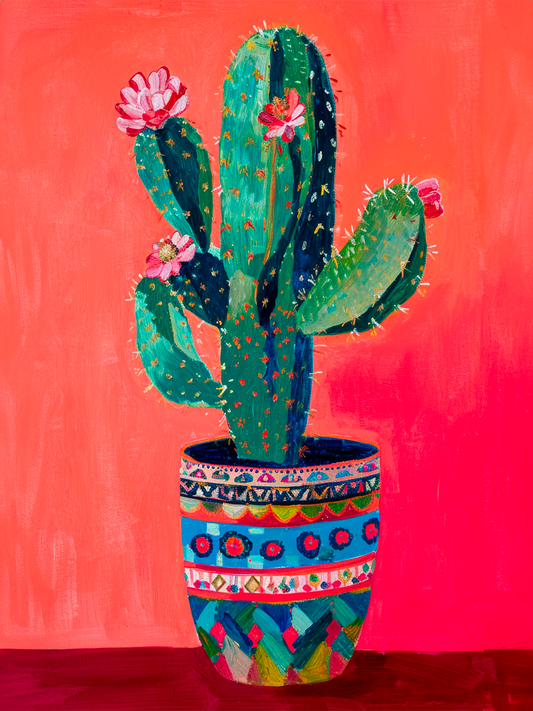 toile cactus en pot Botanique, fond rouge, pot coloré à motifs, style peinture.