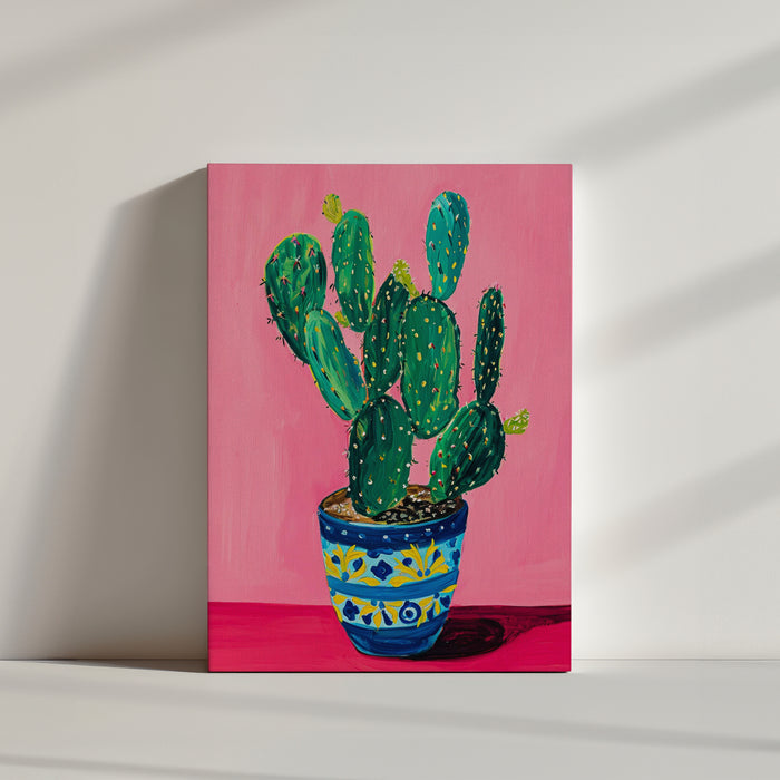 Botanical cactus canvas print, pink background, blue pot with yellow patterns, painterly style