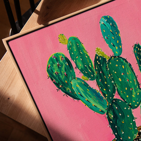 Scandinavian office wall art, green cactus canvas on pink background