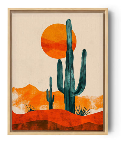 Tableau d'un cactus élevé sous un soleil rond et brillant, tons chauds dominants.