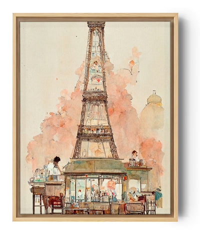 Woonkamerschilderij van een levendig caféterras aan de voet van de Eiffeltoren in Parijs. De pastelkleuren en de aquareltechniek voegen een vleugje magie toe aan de toch al romantische sfeer van de scène. Dit schilderij biedt een idyllische en geïdealiseerde visie op Parijs