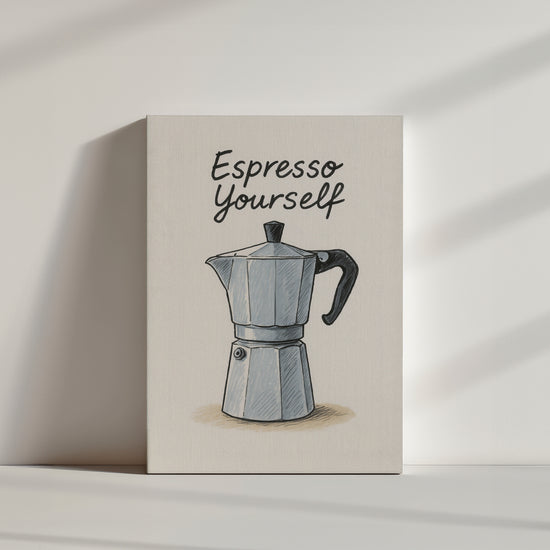 Illustration stylisée d'une cafetière moka avec citation humoristique, ambiance cuisine rétro