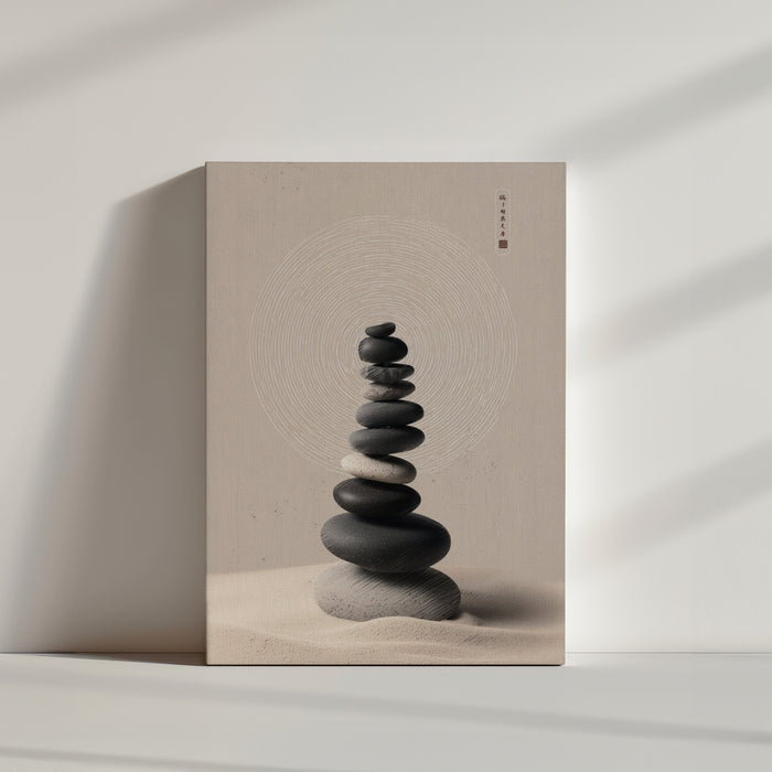 Cairn de galets empilés en équilibre sur sable, style zen, avec un arrière-plan circulaire apaisant