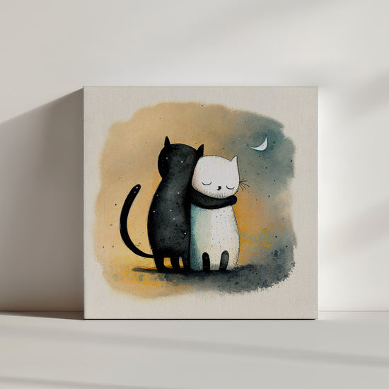 Two adorable cats hugging – black cat and white cat – cute cat canvas wall art