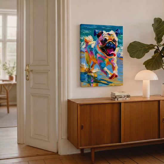 Tableau animaux carlin coloré courant dans l'eau peinture au couteau décoration murale moderne