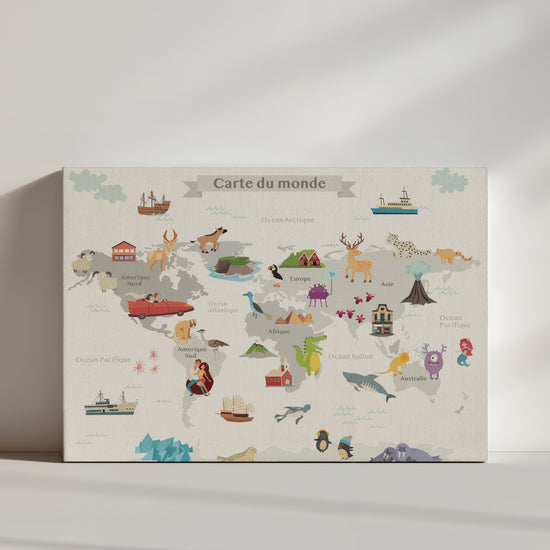 Carte du monde enfant, tableau créatif, éducatif, sur-mesure.