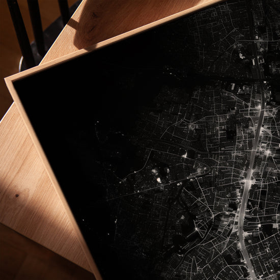 Black and white aerial city map wall art for a minimalist living room decor