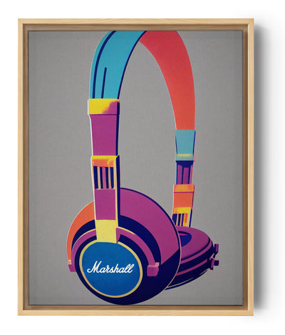 tableau musique Casque Marshall, style Pop art par Andy Warhol, rendu 3D réaliste, design coloré,