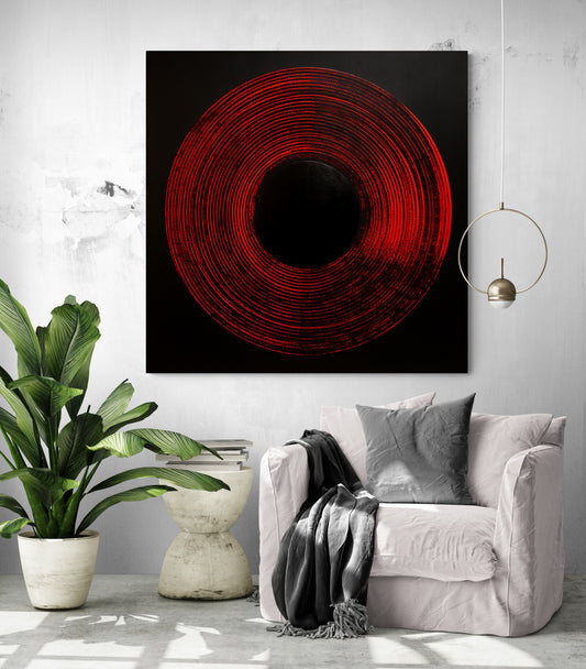 Tableau minimaliste 'Red Circle' parfait pour un salon épuré blanc 