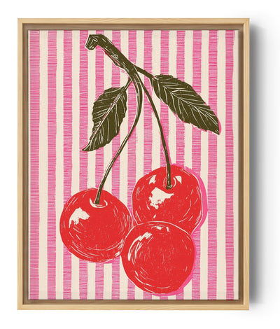 Retro-Wandbild mit roten Kirschen auf rosa gestreiftem Hintergrund, Pop-Art-Stil
