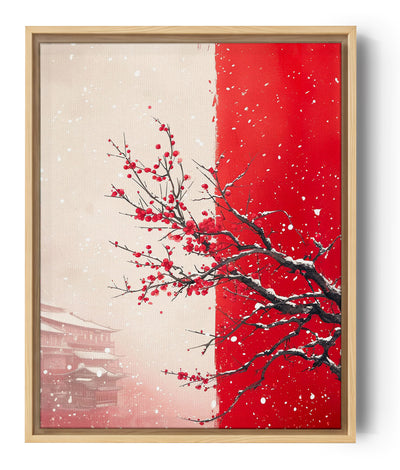 Tableau traditionnel japonais avec sakura rouge et paysage hivernal estompé