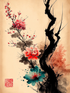 Japanese painting, Beautiful calligraphy art, cherry blossoms, ink painting, stylized