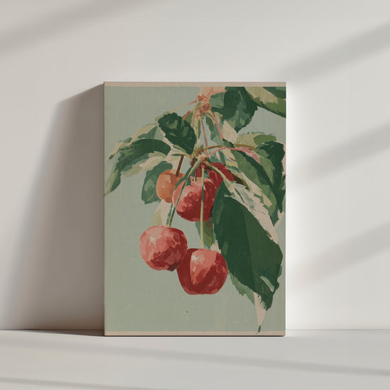 Tableau de peinture vintage de branches de cerisiers avec fruits rouges sur fond vert, style naturel et apaisant