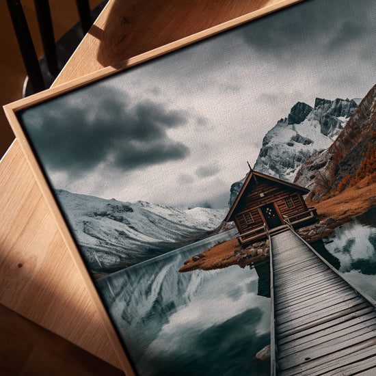 Alpine lakeside chalet canvas wall art for Scandinavian living room decor