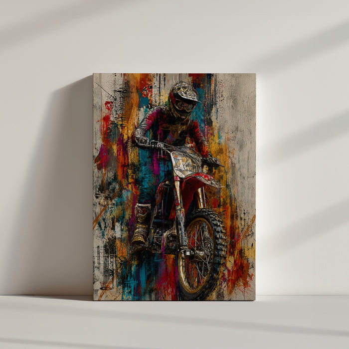 Tableau chambre ado motocross grunge coloré orange bleu rouge dans ambiance minimaliste épurée
