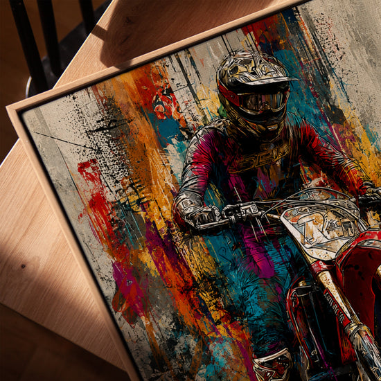 Tableau chambre ado motocross grunge coloré orange bleu rouge style urbain exposé avec cadre chêne doré