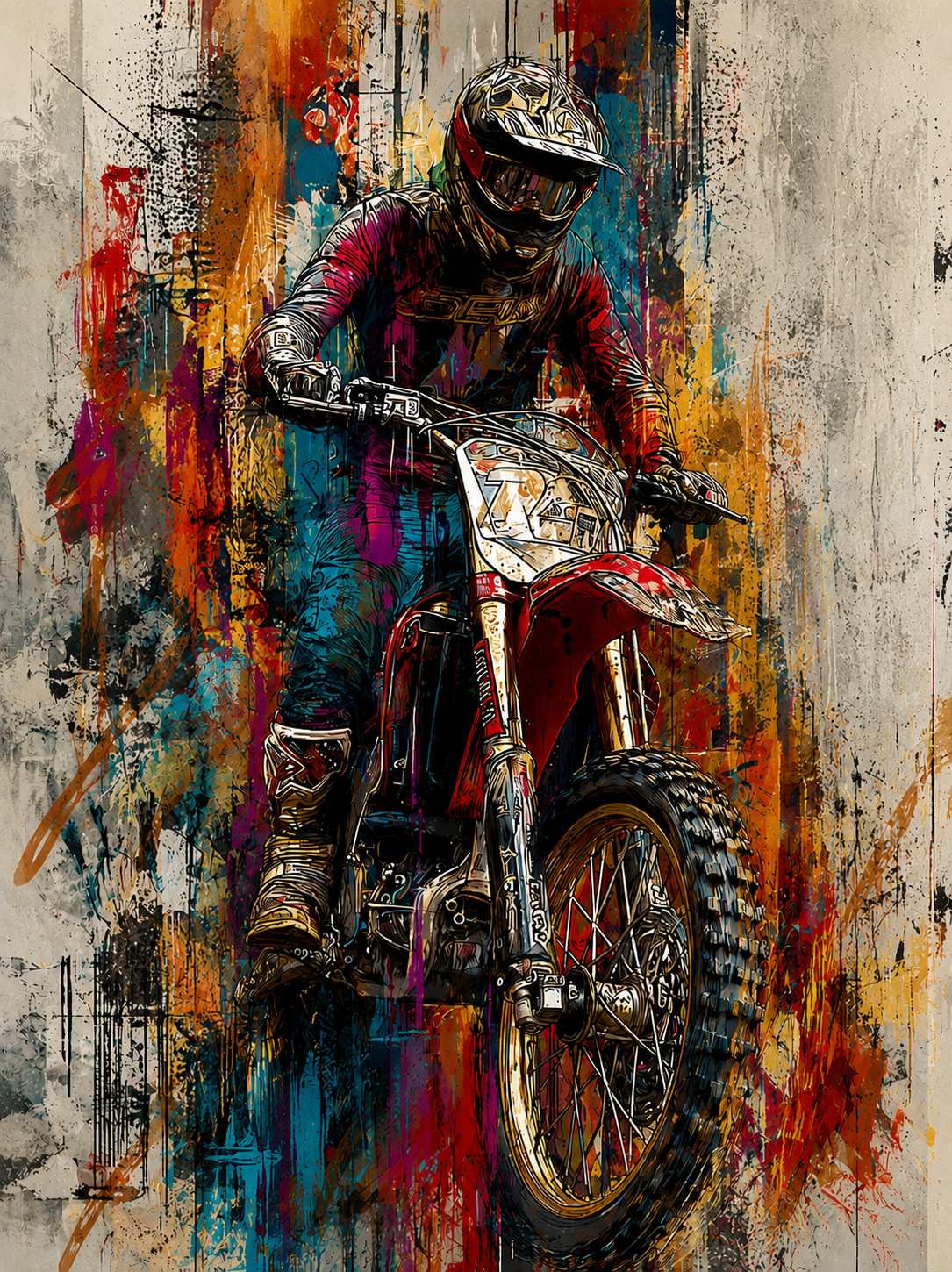 Tableau chambre ado Motocross en plein vol - Street art explosif et coloré