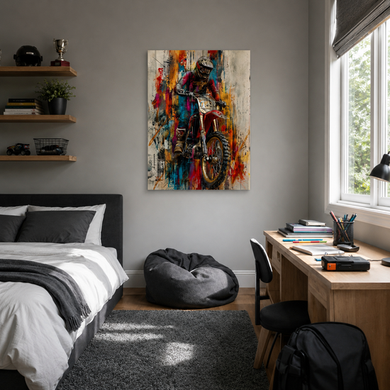 Wandbild Jugendzimmer Motocross bunte Street Art Orange Blau Rot in modernem Dekor