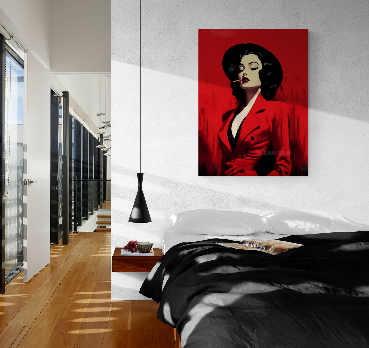 Dans une chambre adulte, le tableau "Femme cigarette" crée une ambiance envoûtant, mêlant charme rétro et modernité.