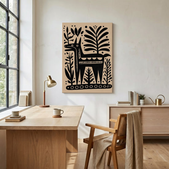 Decoración de pared infantil étnica: silueta de burro negro con motivos tribales y follaje beige