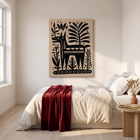Decoración mural infantil étnica: silueta de burro negro con motivos tribales y follaje beige
