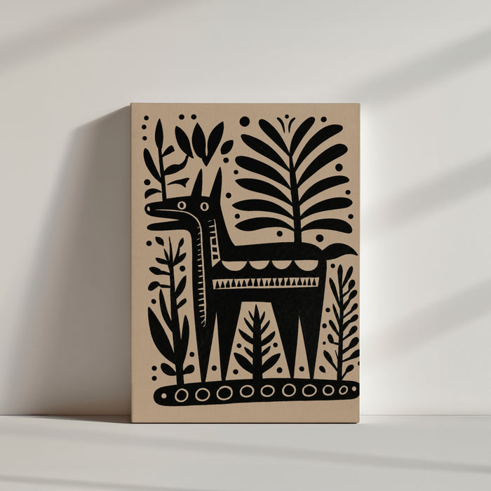 Cuadro infantil burro negro con motivos tribales y follaje beige, ambiente minimalista pared blanca