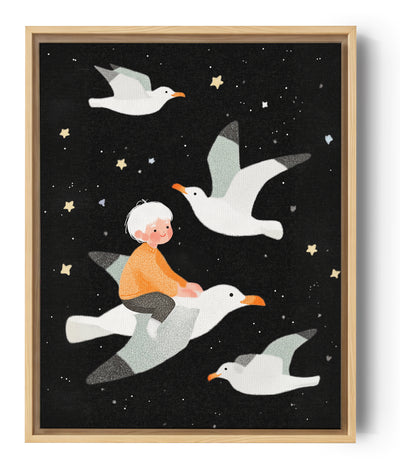 Wandbild Babyzimmer fliegendes Kind mit Möwen Sternenhimmel schwarzer Hintergrund poetische Deko