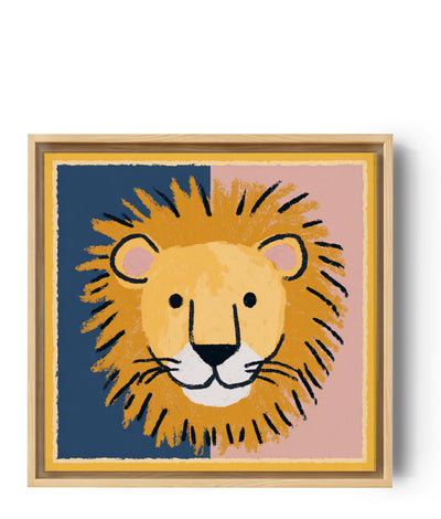 Gentle lion nursery print for baby room decor — mustard-yellow lion with soft eyes on blue and pink